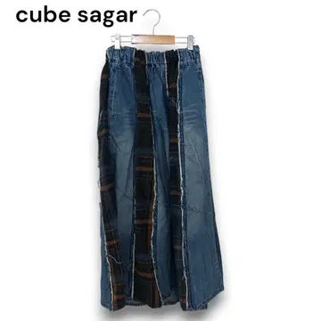 큐브 슈가 cube sugar 데님 체크 패치워크 롱 스커트