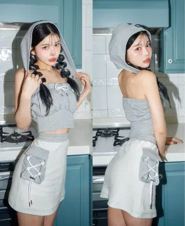 darich 코르셋 후드 맨투맨 상의 안감 스웨트 미니 스커트