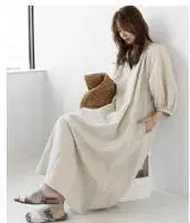 린넨 코튼 래글런 개더 원피스 베이지