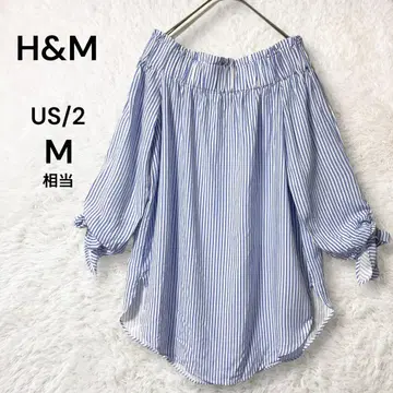 H&M 5부 소매 스트라이프 패턴 오프숄더 상의 블루 화이트 M 상당