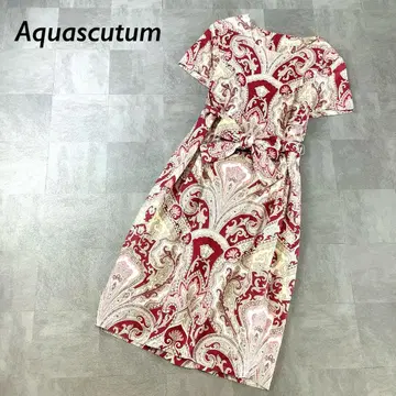 Aquascutum 오리엔탈 패턴 허리 리본 원피스 반팔 레드 계열