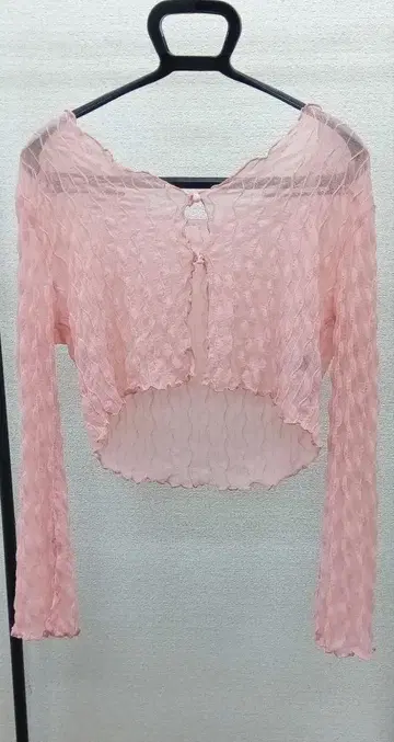 핑크 리브 니트 긴팔 크롭 가디건