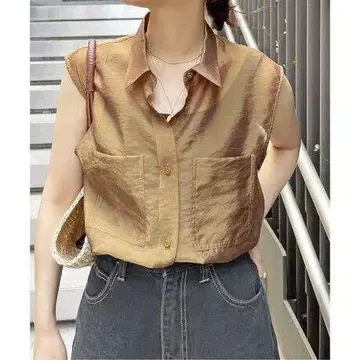 Spick and Span 슬리브리스 시어 셔츠 브라운 베이지