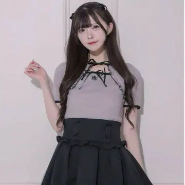 pium 더블 리본 케이프 와플 컷 티셔츠 그레이