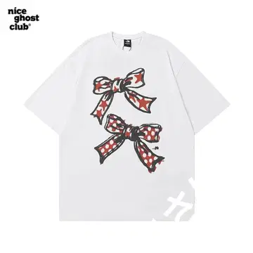 nice ghost club 리본 프린트 티셔츠 오버 사이즈