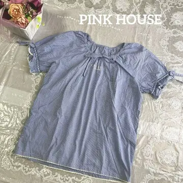 PINK HOUSE 깅엄 체크 레이스 리본 블라우스 블루