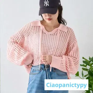 차오패닉 메쉬 카라 부착 스키퍼 니트 핑크