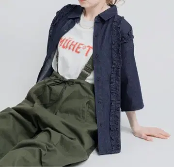 MUHET 데님 블라우스 프론트 더블 프릴 인디고 블루