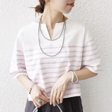 SHIPS for women 오가닉 면 보더 숏 슬리브