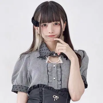 palelfy 하운드투스 체크 블라우스 블랙 체크 펄 카라 부착