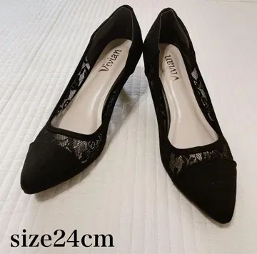 미사용 새상품 Vivian 블랙 하이힐 24cm 레이스 시스루