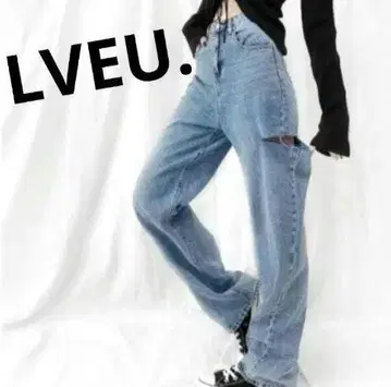 LVEU. 스트레이트 데님 라이트 블루 데미지 가공
