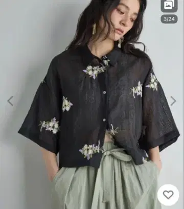 theyon 블라우스 셔츠 플라워 자수 시어 크롭 셔츠
