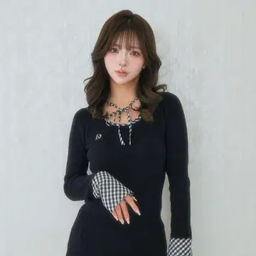 체크 리본 니트 원피스