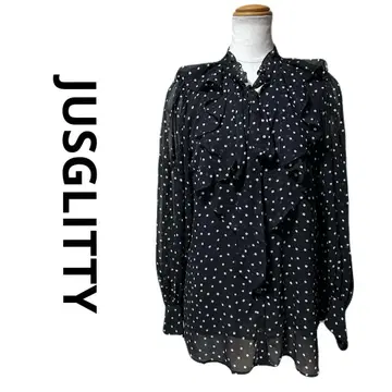 새상품급 JUSGLITTY 저스길리티 프릴 도트 시어 블라우스 블랙 M