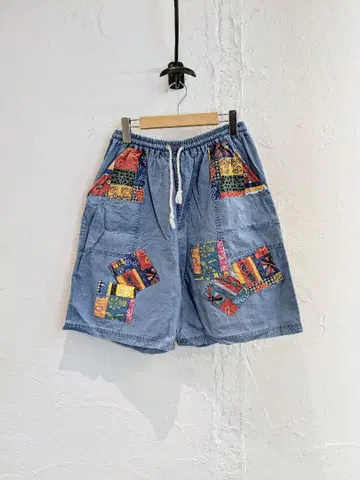 패치워크 와이드 데님 편안한 짧은 팬츠