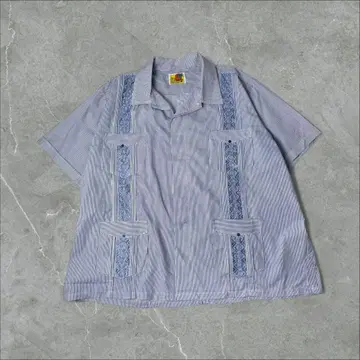 GUAYABERA 자수 스트라이프 오픈 카라 셔츠 쿠바 셔츠 블루 파랑