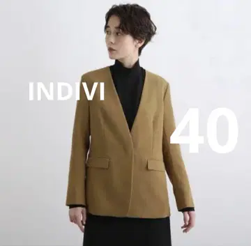 INDIVI 스트레치 노카라 자켓 카멜 40 L 사이즈