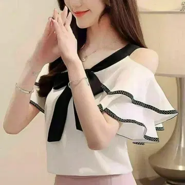 여성용 플레어 슬리브 오픈 숄더 블라우스 화이트