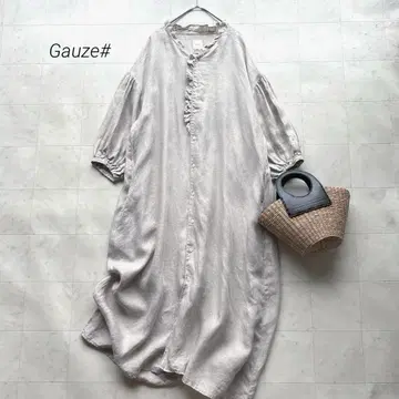 거즈 Gauze# 린넨 프릴 컬러 퍼프 슬리브 원피스 베이지