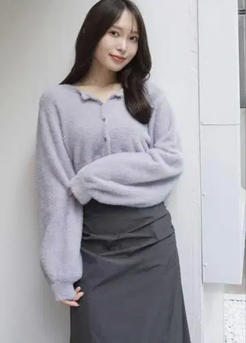 미니 샤기 롱 슬리브 니트 가디건 블루