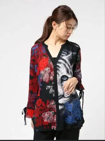 Desigual 노카라 호랑이 프린트 셔츠 블라우스 애니멀 꽃무늬