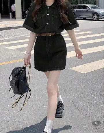 블랙 데님 미니 원피스 반팔