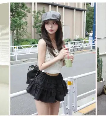 믹스 프릴 미니 스커트 다리치 블랙