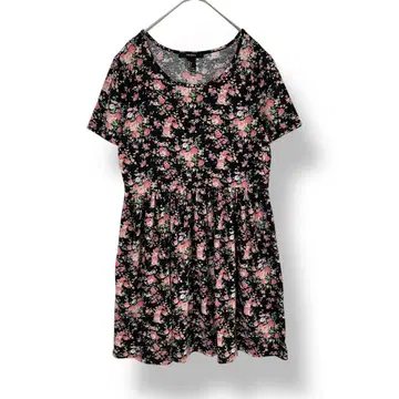 Forever21 꽃무늬 페플럼 컷 티셔츠 튜닉 반팔 핑크 블랙 L