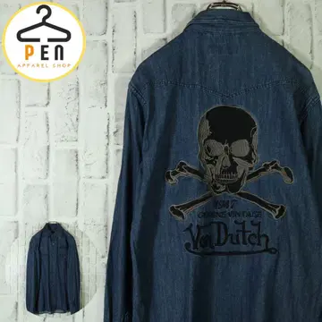 레트로 구제 의류] 긴팔 데님 셔츠 Von Dutch 아메카지 해골 자수