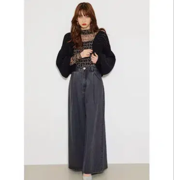 데님 와이드 팬츠 프론트 턱 rienda XS