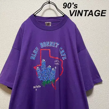 90s 빈티지 플라워 프린트 티셔츠 블루 보넷 면 폴리 50%