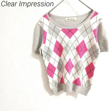 Clear Impression 아가일 패턴 반팔 니트 스웨터, 울 혼방