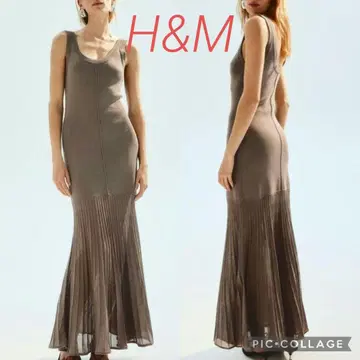 린넨 혼합 [미사용] H&M 맥시 원피스 U 넥 플리츠 브라운