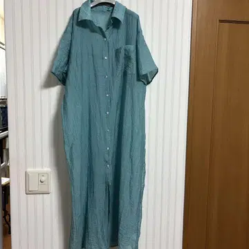 청록색 반팔 셔츠 원피스 시어 소재