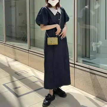 택 포함 미사용 새상품 퍼프 슬리브 데님 원피스 made of silk