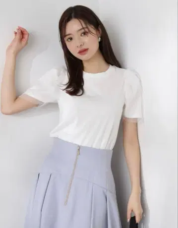 새상품급 PROPORTION 소매 튤 티셔츠 화이트 프리 사이즈