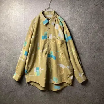vintage 남성용 긴팔 셔츠 패턴 셔츠 머스타드 컬러 올 패턴 아트