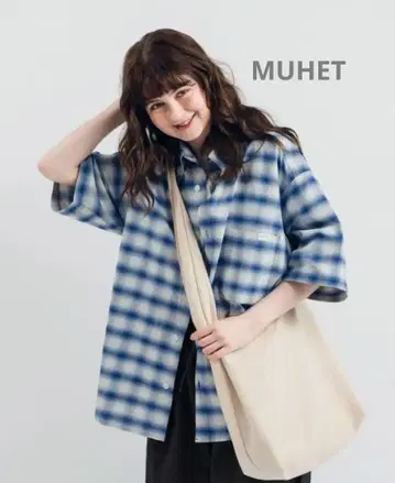 MUHET 오버 사이즈 옴브레 체크 버튼 다운 셔츠