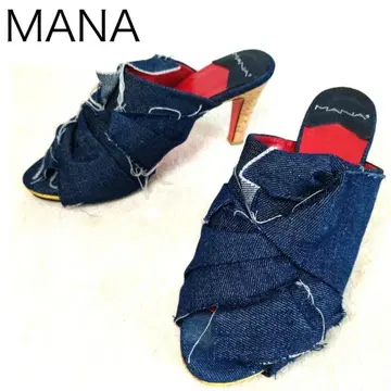 새상품급! MANA 데님 데미지 가공 코르크 힐 뮬 23cm