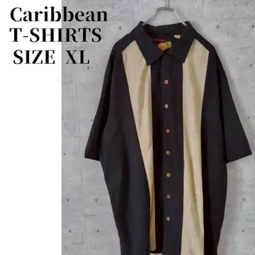 Caribbean 반팔 알로하 셔츠 실크 코튼 블랙 베이지 XL