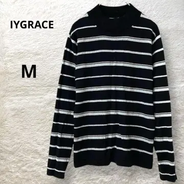 IYGRACE 긴팔 니트 하이넥 모크넥 울 보더 얇은 소재 블랙