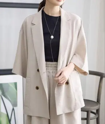 루즈 W 브레스트 5부 소매 자켓