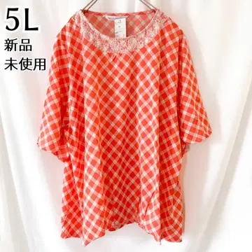 5부 소매 체크 튜닉 티셔츠 오렌지 5L 블라우스 반팔 4XL