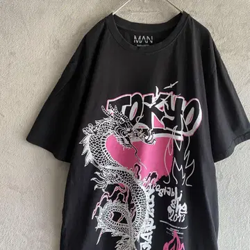 boohooMAN 프린트 티셔츠 TOKYO 드래곤 2XL 블랙