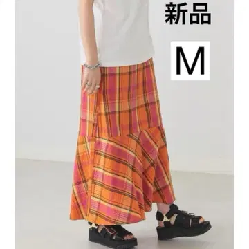 신상품 미사용 빔즈 빔즈 체크 롱 스커트 M 오렌지