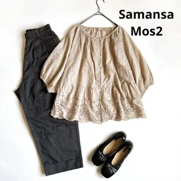 Samansa Mos2 자수 레이스 블라우스 7부 소매 베이지 코튼 F