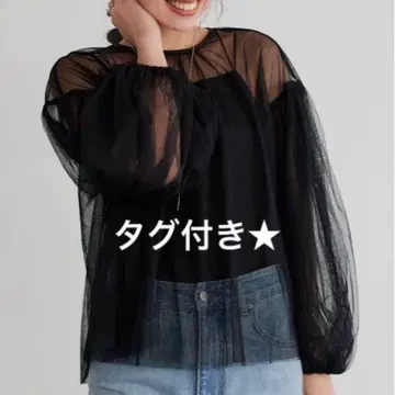 titivate 시어 볼륨 슬리브 탑 시스루 블랙 새상품