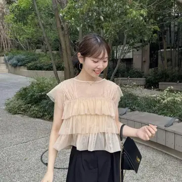 튤 프릴 프렌치 슬리브 상의 hinari