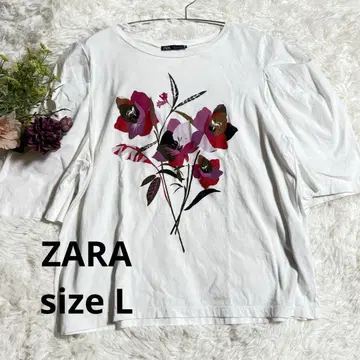 ZARA 자라 플라워 프린트 퍼프 슬리브 오반소매 티셔츠 화이트